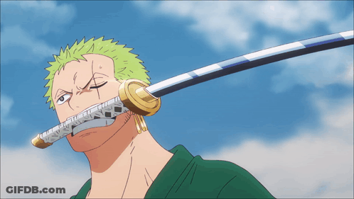 Man With Green Hair Holding Sword In Mouth GIF