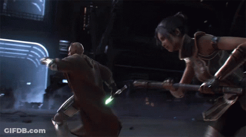 Man With Green Lightsaber And Woman With Sword GIF