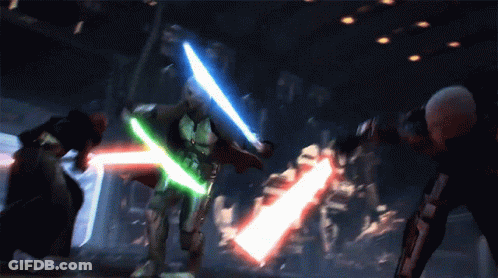 Man With Green Lightsaber Fights Red GIF
