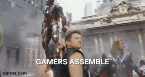 Man With Gun And Gamers Assemble Building GIF