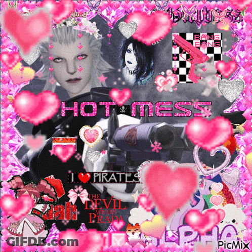 Man With Gun Pink Hearts Saying Hot Mess GIF