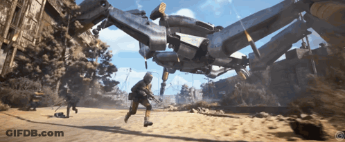 Man With Gun Running From Giant Robot Vehicle GIF