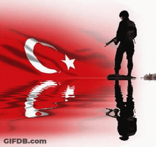 Man With Gun Standing In Front Of Turkey Flag GIF