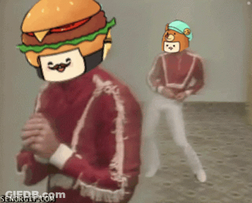 Man With Hamburger On Head Next To Man With Teddy Bear GIF