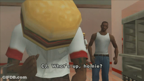 Man With Hamburger On Head Says CJ What's Up Homie GIF