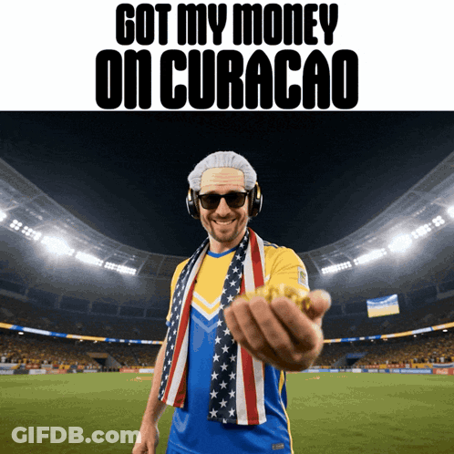 Man With Headphones And American Flag Scarf Holding Gold Coin In Front Of Stadium Saying Got My Money GIF