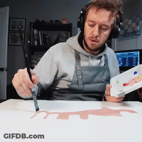 Man With Headphones And Apron Holding Palette And Brush GIF