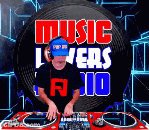 Man With Headphones And Blue Hat Playing Music In Front Of Music Lovers Sign GIF