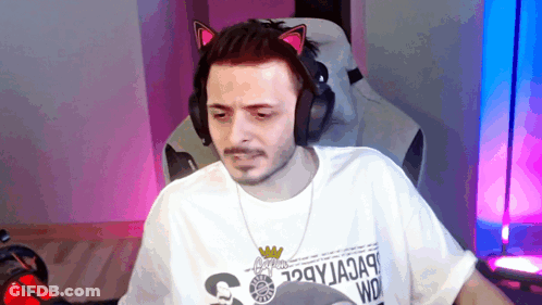 Man With Headphones And Cat Ear Headband Sitting In Chair GIF