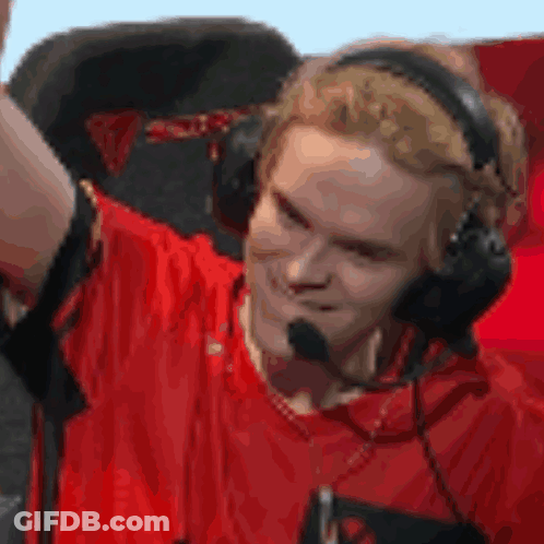 Man With Headphones And Red Shirt Arms In Air GIF