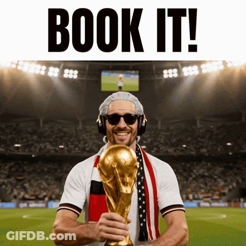 Man With Headphones And Sunglasses Holding Trophy Book It GIF