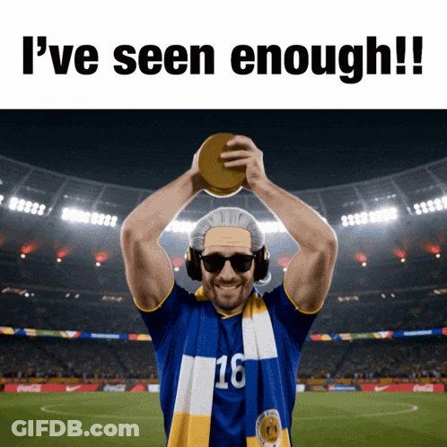 Man With Headphones And Sunglasses Holding Trophy Saying I've Seen Enough GIF