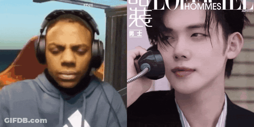 Man With Headphones Next To Man On Phone GIF