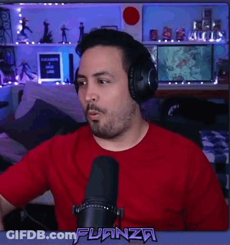 Man With Headphones Red Shirt Talking Microphone Fuanza GIF