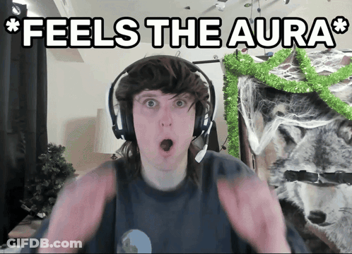 Man With Headphones Saying Feels The Aura Next To Wolf GIF