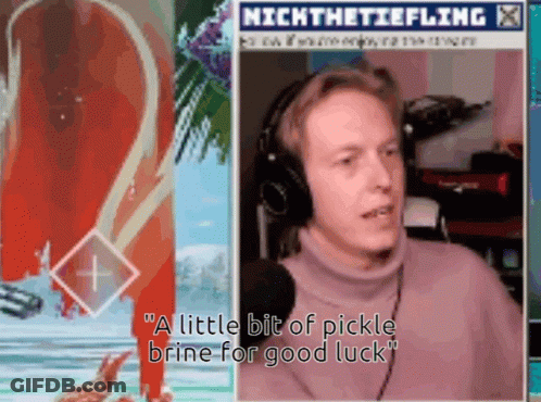 Man With Headphones Says A Little Bit Of Pickle Brine For Good Luck GIF