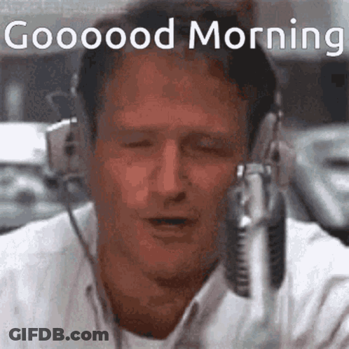 Man With Headphones Singing Good Morning Into Microphone GIF