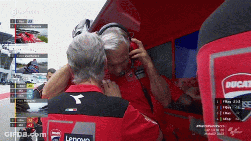 Man With Headphones Talking To Man In Ducati Shirt GIF