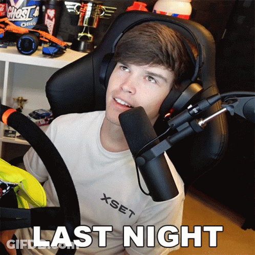 Man With Headphones Wearing Xset Shirt At Microphone Saying Last Night GIF