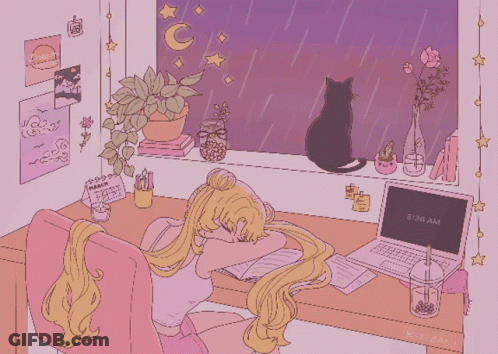 Man With Headphones Writing, Cat On Window Sill GIF