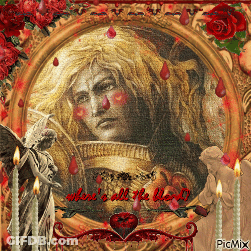 Man With Hearts On Face Surrounded By Candles And Roses GIF