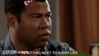 Man With Hello Kitty Bow Sweating Sitting Next To Another Man GIF