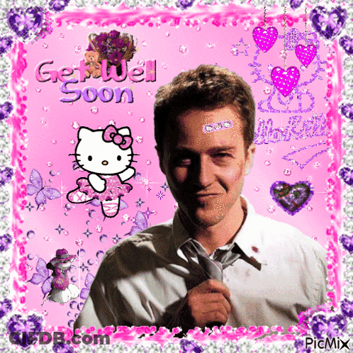 Man With Hello Kitty Saying Get Well Soon GIF