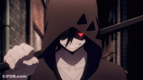Man With Hood And Red Eyes Holding Stick GIF