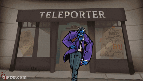 Man With Horns And Purple Jacket In Front Of Tel Sign GIF