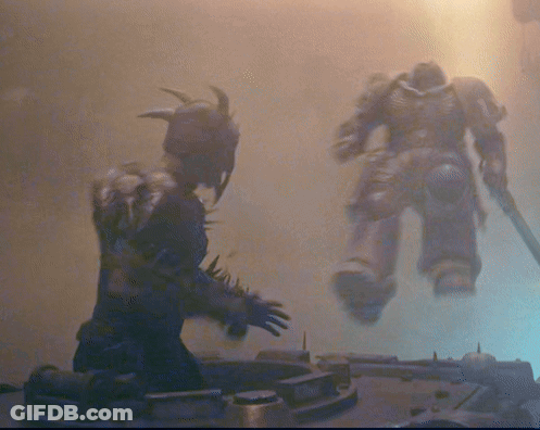 Man With Horns And Robot With Sword GIF