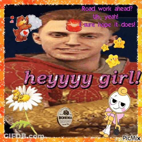 Man With Kiss On Forehead Saying Road Work Ahead GIF
