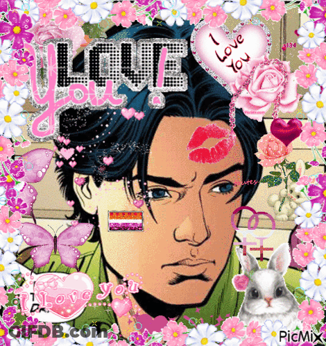 Man With Kiss On Forehead Surrounded By Pink Flowers And Butterflies GIF