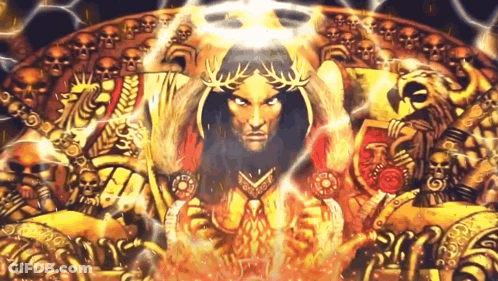 Man With Laurel Wreath Surrounded By Skulls GIF