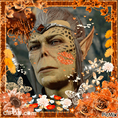 Man With Leopard Print Face Surrounded By Flowers GIF