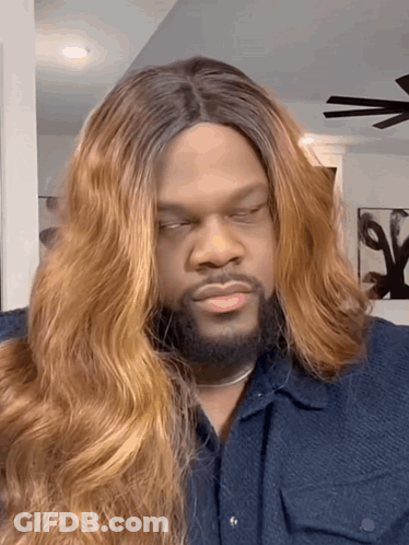 Man With Long Blonde Hair And Beard In Blue Shirt GIF
