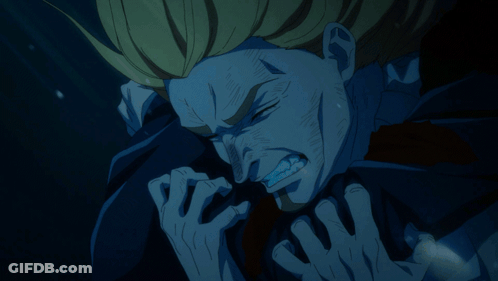 Man With Long Blonde Hair Holding Knife To Face GIF