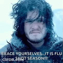 Man With Long Hair And Beard In Snow Says Brace Yourselves Flu Shot Season GIF