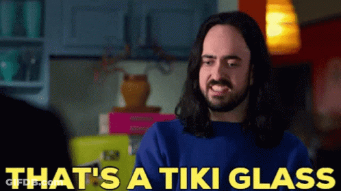 Man With Long Hair And Beard Says That's A Tiki Glass In Kitchen GIF