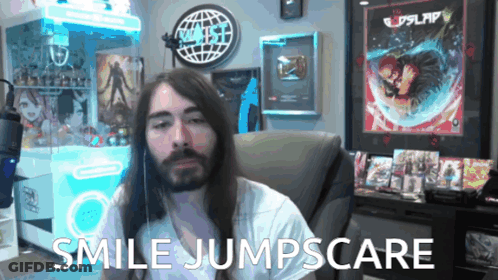 Man With Long Hair And Beard Smile Jumpscare GIF