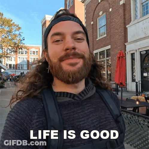 Man With Long Hair And Beard Smiling Life Is Good GIF