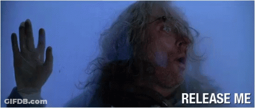 Man With Long Hair Behind Glass Saying Release Me GIF