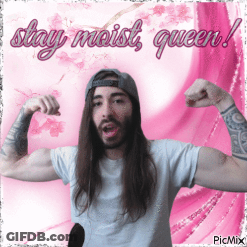 Man With Long Hair Flexing Muscles Stay Moist Queen GIF