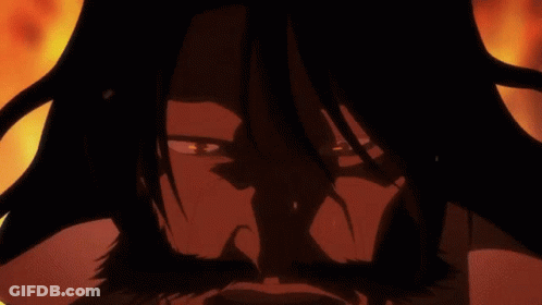 Man With Long Hair Holding Sword With Fire Background GIF