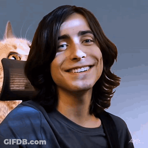 Man With Long Hair Smiling With Cat GIF