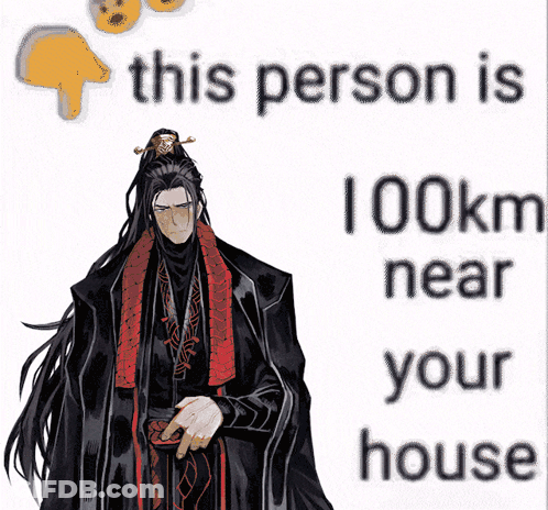 Man With Long Hair Standing In Front Of Sign Saying This Person Is 100Km Near Your House GIF