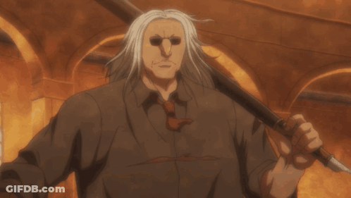 Man With Long White Hair And Glasses Holding Stick GIF