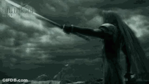 Man With Long White Hair Holding Sword In Field GIF