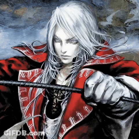 Man With Long White Hair In Red Coat GIF