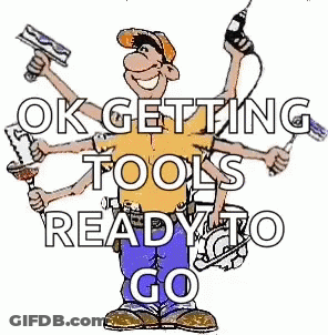 Man With Many Hands Holding Tools Saying Ok Getting Tools Ready To Go GIF