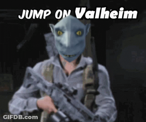 Man With Mask Holding Gun Jump On Valheim GIF